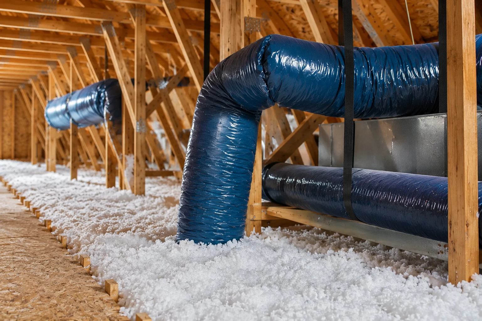 Large blue flexible ducts hang above white loose-fill insulation in a timber-framed attic.