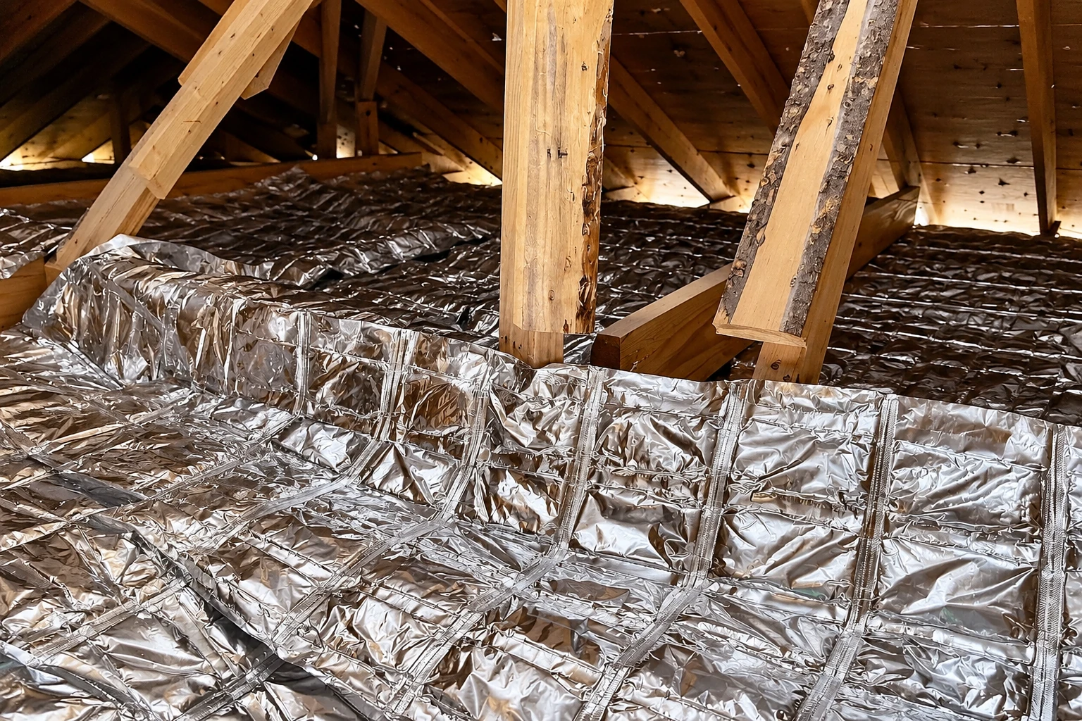 Reflective foil insulation covers the attic floor beneath exposed wooden roof trusses.