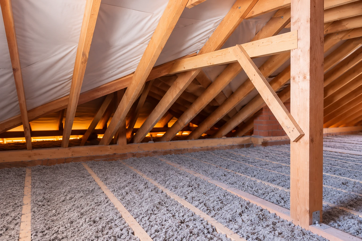 Gray blown-in insulation covers an attic floor between joists beneath exposed wooden roof trusses.