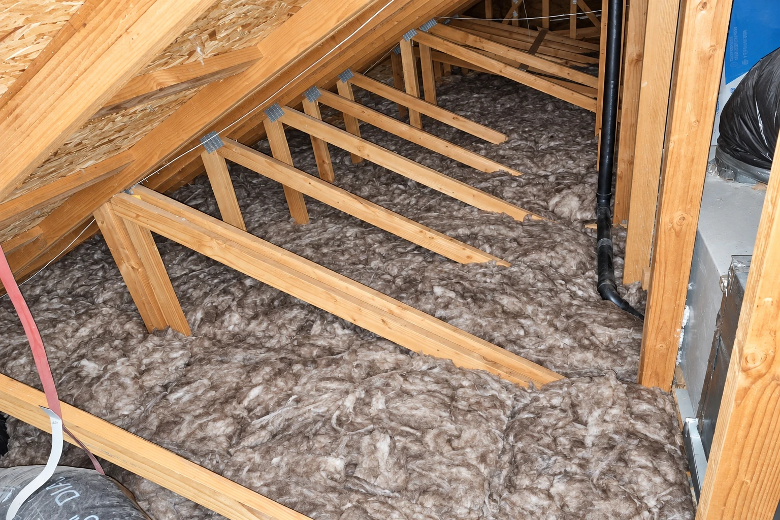 Attic with gray fiberglass insulation spread across the floor beneath exposed wooden roof trusses.