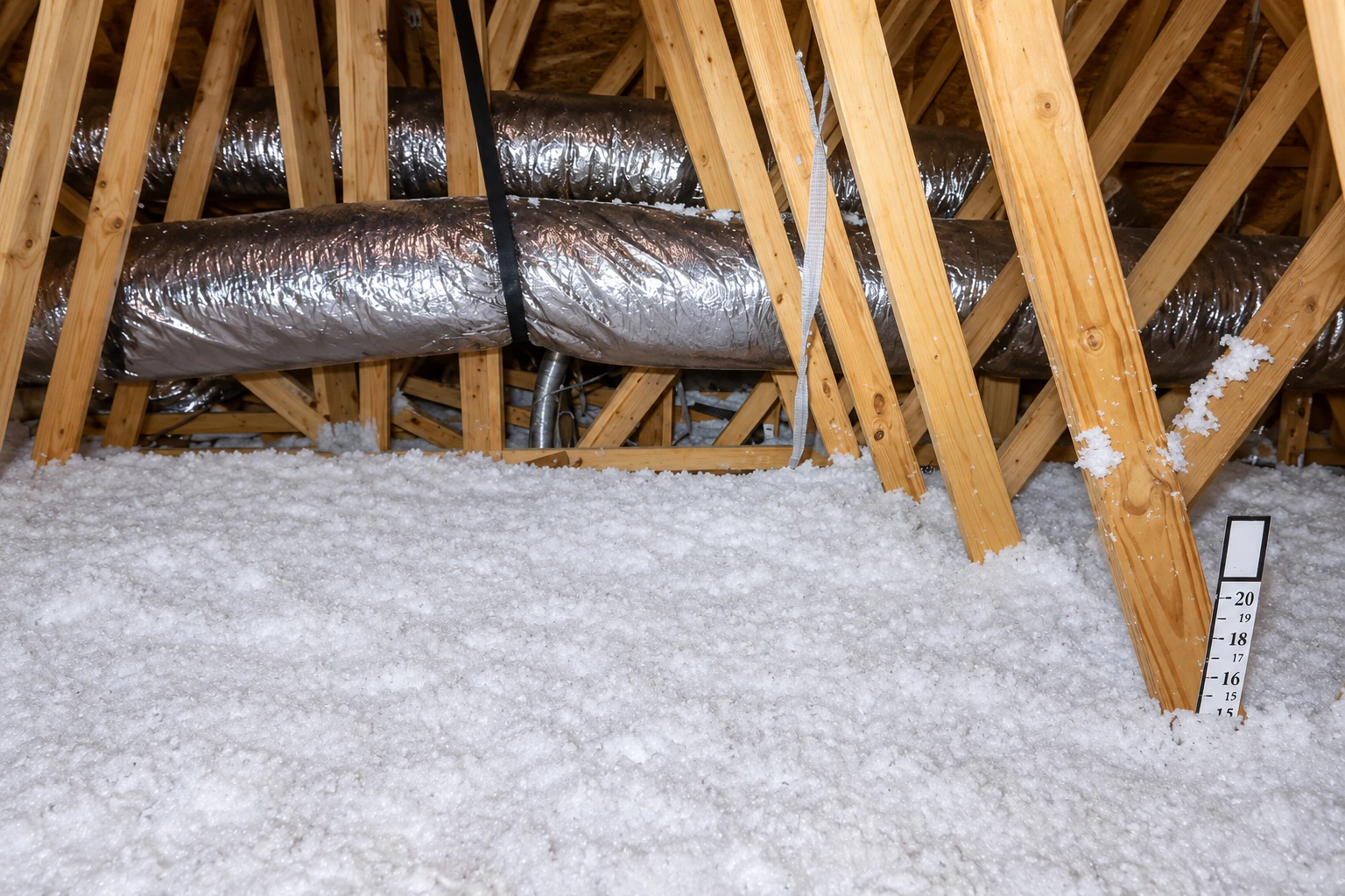 Attic with a deep layer of white blown-in insulation beneath exposed wooden trusses and foil-wrapped ducts.