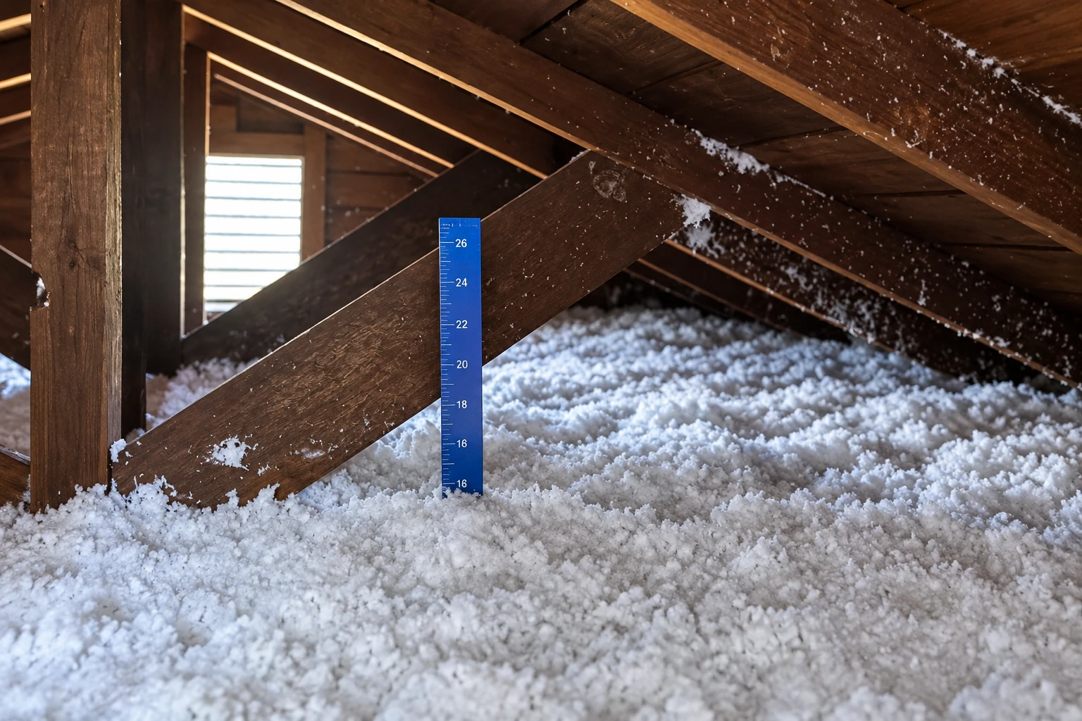 Loose-fill insulation blankets an attic floor, with a blue ruler showing its depth beneath dark wooden rafters.