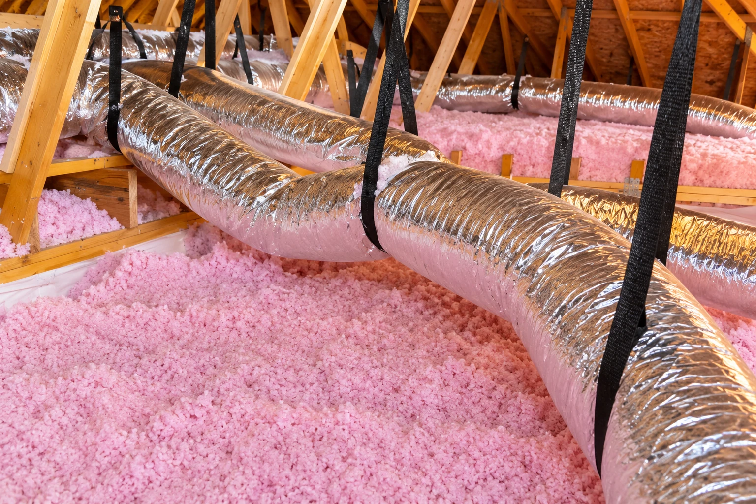 Pink blown-in insulation covers an attic floor beneath wooden roof trusses, with large silver ducts suspended on black straps.
