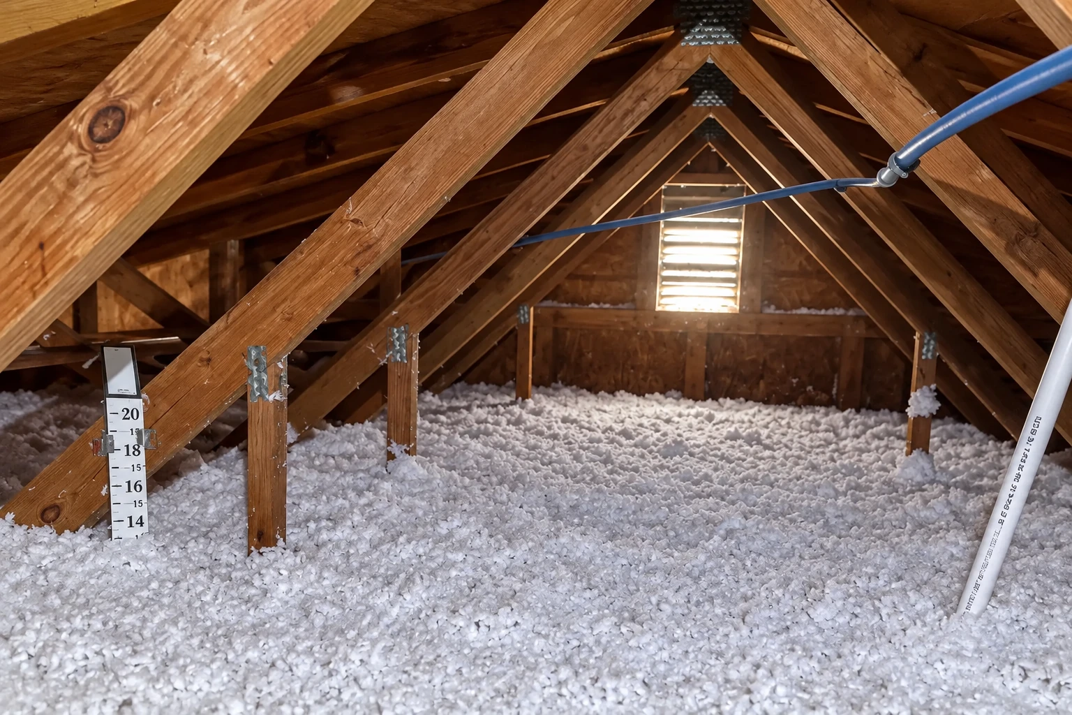 Attic filled with white blown-in insulation beneath exposed wooden rafters, with a depth gauge at the front.