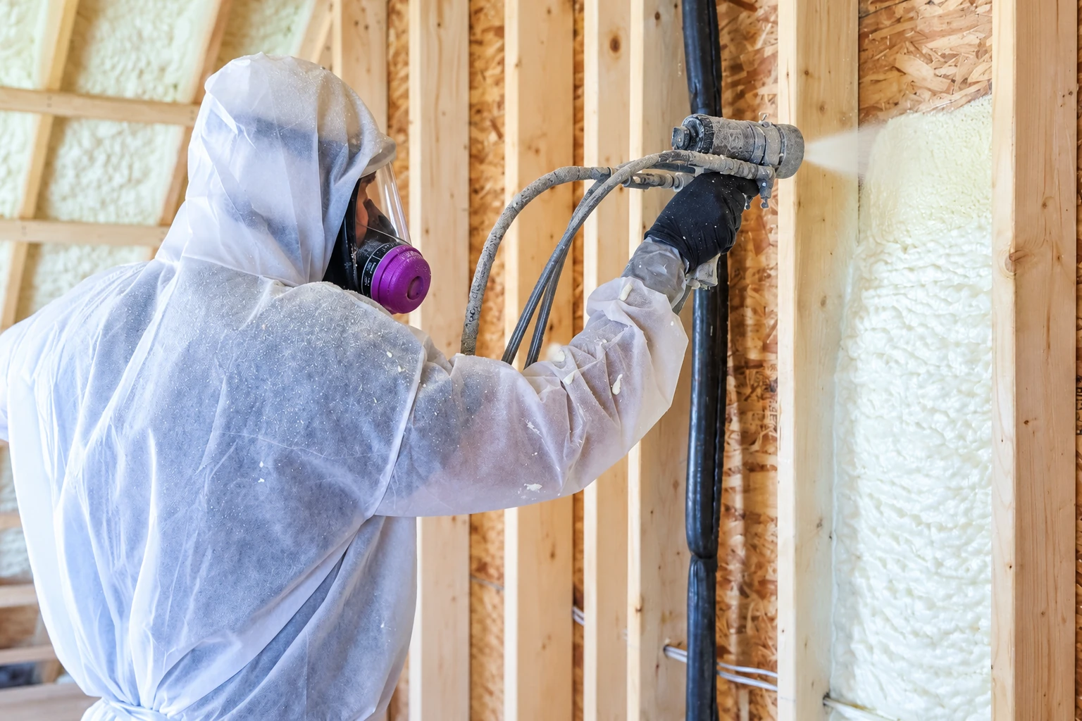 A worker in protective gear sprays foam insulation into the cavities of a framed wall.