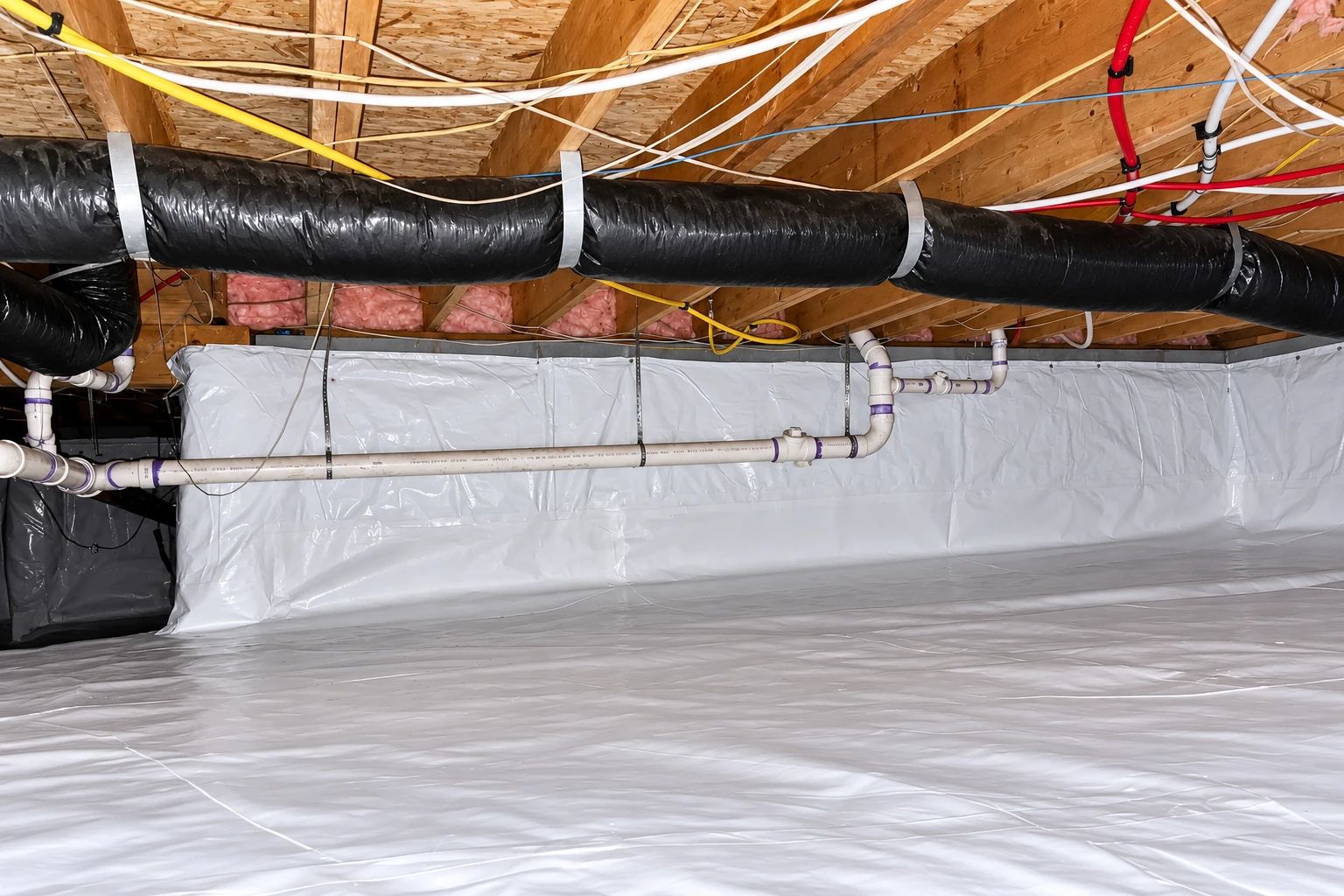 Crawl space with white vapor barrier covering the floor and foundation walls beneath ducts, pipes, and exposed joists.