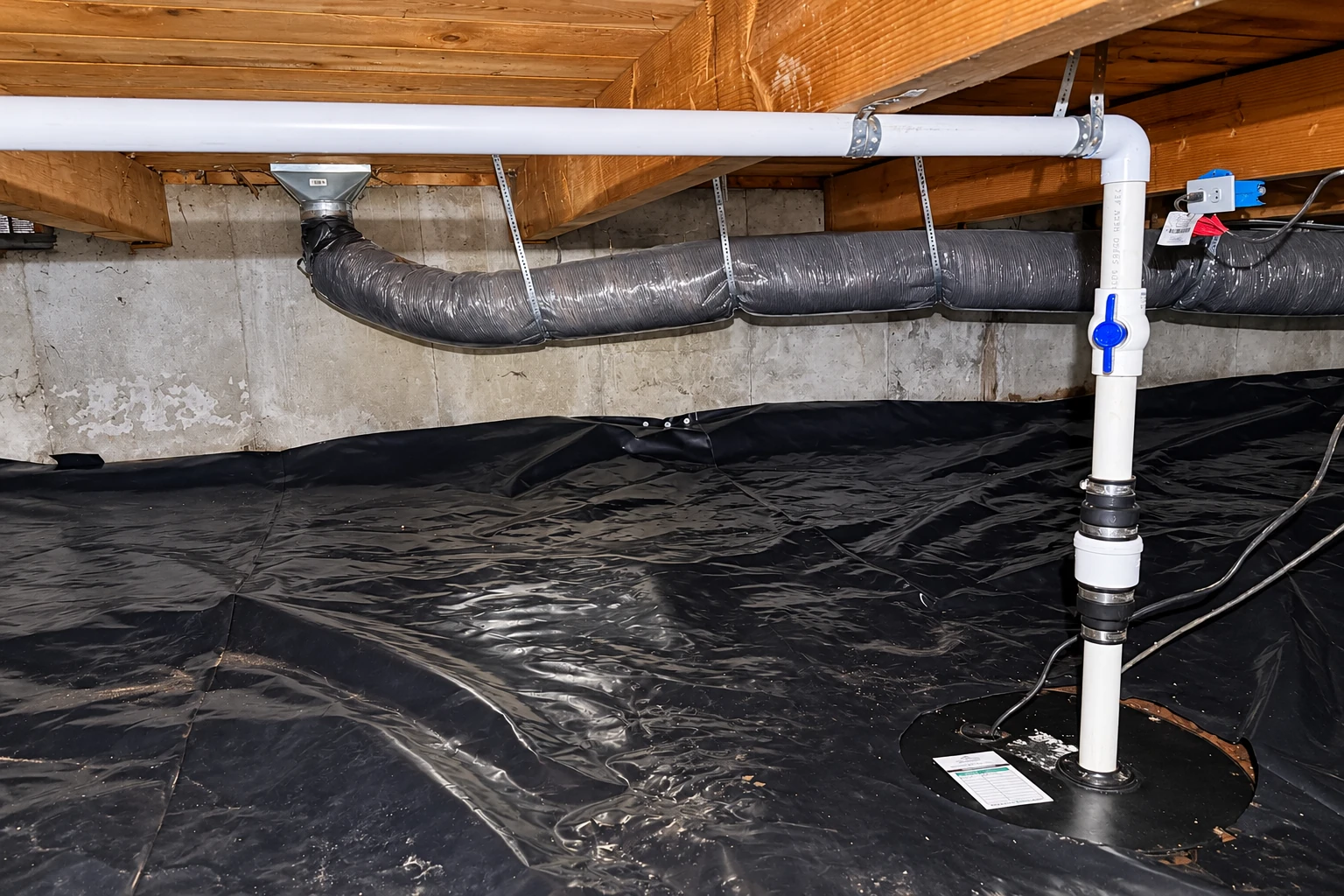 Black plastic vapor barrier covers a crawl space floor beneath a duct and white plumbing pipes.