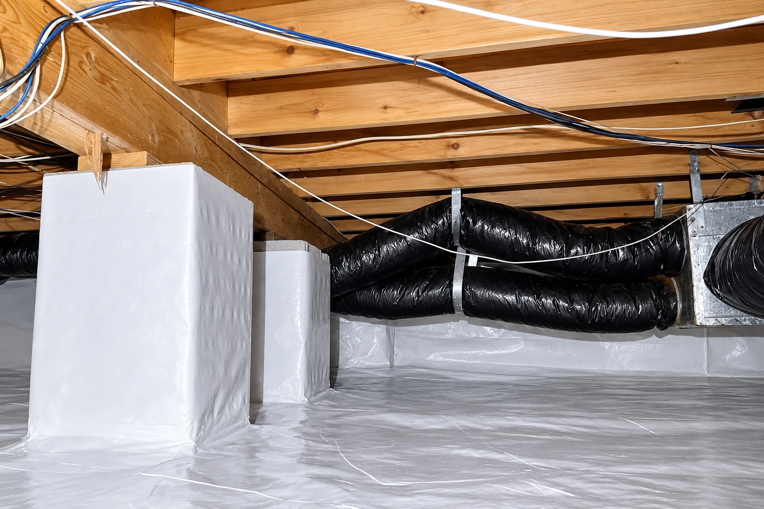 A crawl space has a white plastic vapor barrier on the floor and around support piers, with black ducts overhead.