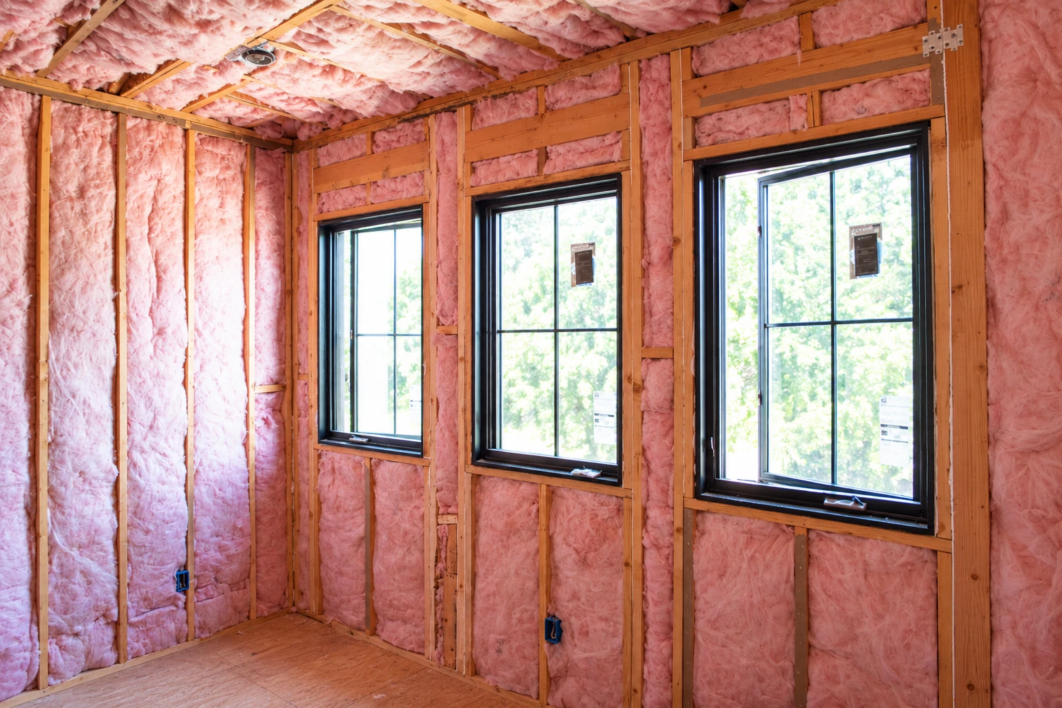 Unfinished room with pink fiberglass batts fitted between wall studs and ceiling joists around three windows.