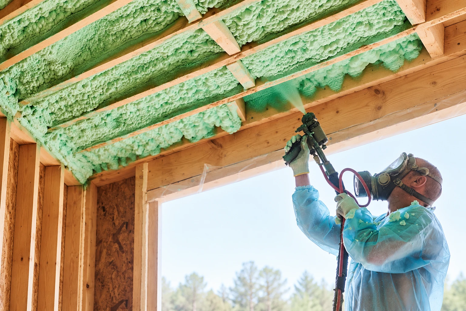 A worker in protective gear sprays green foam insulation into the ceiling cavities of an exposed wood-framed structure.