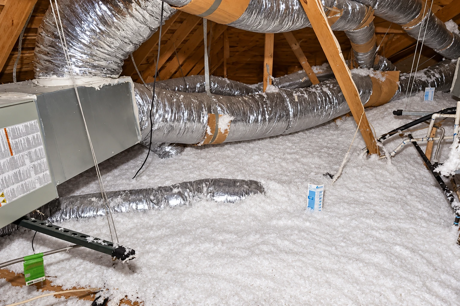White loose-fill insulation surrounds silver HVAC ducts and equipment in a wooden attic.