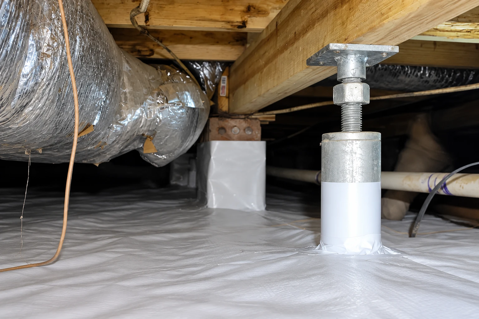 White vapor barrier covers a crawl-space floor around a support post, with ductwork and pipes overhead.